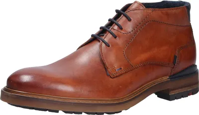 A single brown leather boot is shown against a white background.