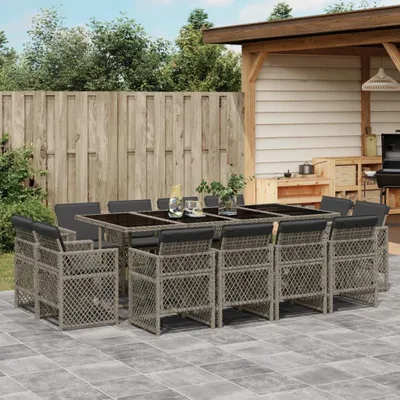 Produktbild von Möbel 13-tlg. Garten-Essgruppe mit Kissen Grau Poly Rattan - Gartenmöbelgarnituren 3210860