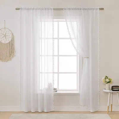 Image de Ibenzoa® Rideaux de porte-fenêtre semi-transparents en deux parties, ornés de pompons décoratifs, 245 x 140 cm (H x L), lot de 2 – Rideaux pour chambre d'enfant