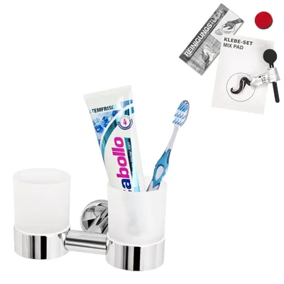 Immagine prodotto di bremermann serie bagno LUCENTE - Portabicchieri doppio con set di adesivi e supporto a parete, in acciaio inox cromato