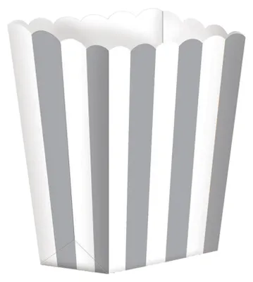 Produktbild von 5er-Set Popcornboxen Silber + Weiß gestreift 9x13cm für Kinoabend -