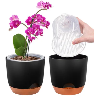 Produktbild von 2er-Set Orchideentopf 14,7 cm Doppelschicht Selbstbewässerung Schwarz