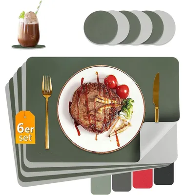Produktbild von Tischsets Abwaschbar Lederoptik Hitzebeständig 6er Set Olivgrün Grau 43x30cm inkl. Untersetzer