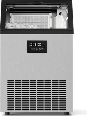 A stainless steel ice maker with a digital display and ice cubes visible inside.