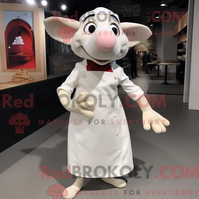 Produktbild von Maskottchenfigur REDBROKOLY einer weißen Ratatouille gekleidet in ein Midikleid und Einstecktücher