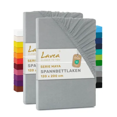 Produktbild von Lavea® 2er Pack Jersey Spannbettlaken 120x200cm, 100% Baumwolle – Weiches Bettlaken für Matratzen bis 20 cm Höhe – Silber