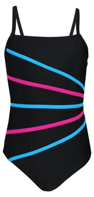 Produktbild von Aquarti Mädchen Badeanzug mit Spaghettiträgern Streifen, Farbe: Schwarz / Streifen Amarant Türkis, Größe: 170