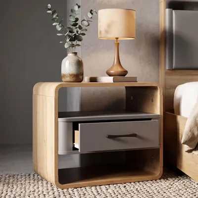 Zdjęcie produktu dla Szafka nocna HWC-P43, szafka nocna, komoda nocna, szuflada MDF 40x48x44cm ~ wygląd dębu Rivera, ciemnoszary