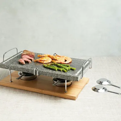 Image de Gril à pierres chaudes Artesà, grill de table gourmet, idéal pour les steaks, les fruits de mer et les légumes, dimensions : 41,5 x 22 x 15 cm - Marbre/Bois