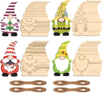 A collection of wooden gnome-shaped ornaments and twine, arranged in two rows.