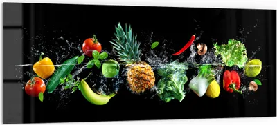 Produktbild von DEQORI Küchenrückwand Glas 125x50 cm 'Sauberes Obst und Gemüse' Spritzschutz Bad Rückwand