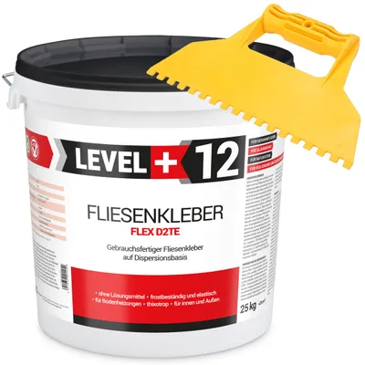 Obrázok produktu pre Súprava bieleho disperzného lepidla na dlaždice 25 kg Level+12 a plastového tmelu na dlaždice 5x5 mm zub