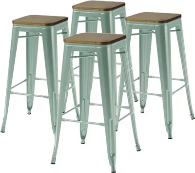 Image de Lot de 4 tabourets de bar en métal mat vert gris et bois - Oviala Indus