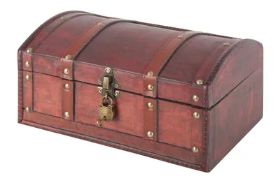 A wooden treasure chest with a lock and key, presented against a white background.