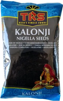 A bag of Kalonji (Nigella Seeds) with text and an illustration of a person.