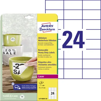 Obrázok produktu pre Avery L4718REV-20, Biela, Samolepiaci štítok, A4, Polyester, Laser, Odnímateľné