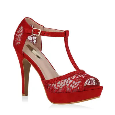 Produktbild von Mytrendshoe Damen Plateausandaletten Spitze T-Strap Sandaletten Party Schuhe 79020, Farbe: Rot, Größe: 41