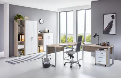 Produktbild von Büromöbel-Set TABOR PRO 4 in Eiche Sonoma / weiß Hochglanz, Arbeitszimmer Komplett-Set