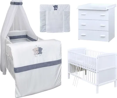 Produktbild von Baby-Delux Babyzimmer Babybett Wickelkommode Weiss Bettwäsche Komplett Set Loving Bears