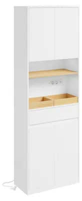 Productafbeelding van SoBuy Hoge Badkamerkast Wit met Stopcontacten en Wasmand Hoog opbergmeubel met twee deuren in het bovenste gedeelte BZR241-E-W