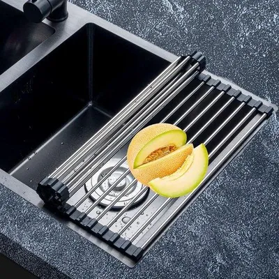 Image de Étagère de cuisine rabattable - 43 cm x 35 cm - noire - en acier inoxydable - repliable
