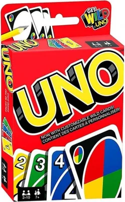 The image shows the packaging of the Mattel Uno card game, with the UNO logo prominently displayed.