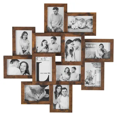Produktbild von SONGMICS Bilderrahmen RPF022X01 für 12 Fotos 10,2 x 15,2 cm - Wandmontage und Montage erforderlich - Glas und MDF Holz Rahmen Rustikal Braun