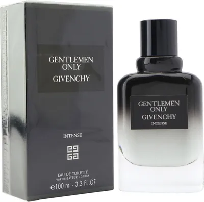 Flakon und Verpackung von Gentlemen Only Givenchy Intense Eau de Toilette, 100 ml, in elegantem Schwarz-Glas -Verlauf mit schlichtem Design.