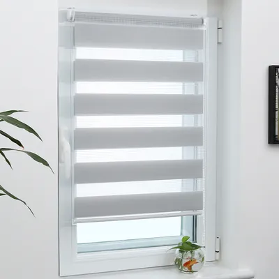A close-up view of a window with a dual-layer roller blind.