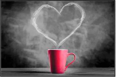 Produktbild von Wallario Wandbild Tasse mit Kaffee - Schwarz-Weiß, Größe: 61 x 91,50 cm, Poster mit schwarzem Aluminiumrahmen