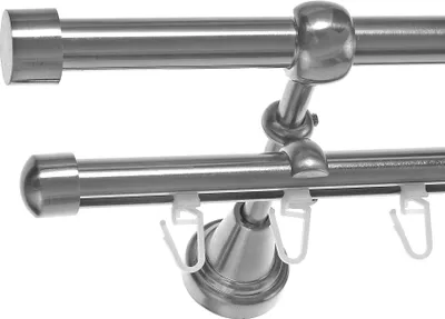 Produktbild von Gardinenstange Rohr und Innenlauf Edelstahl Look, Metall, Durchmesser 16mm, Wandträger H14RI, 2-läufig, Länge 240, Endkappe E16