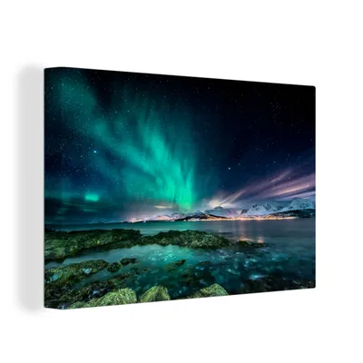 Produktbild von OneMillionCanvasses® - Leinwandbilder - 150x100 cm, Nordlichter - See - Norwegen, Wandbilder Kunstdruck Wanddekoration
