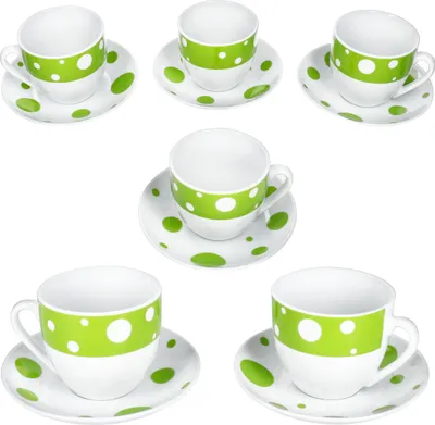 Zdjęcie produktu dla Pula zielone filiżanki do kawy ze spodkami dla 6 osób porcelana kropki herbata