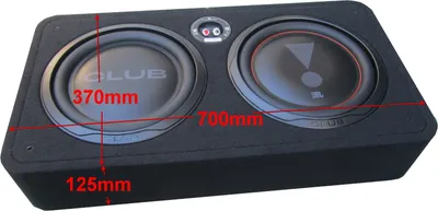 A black subwoofer enclosure with two speakers, showing dimensions.