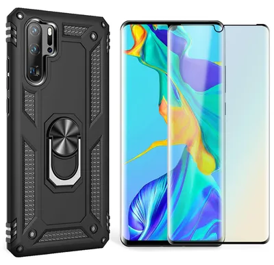 Produktbild von NALIA Ring Handy Hülle für Huawei P30 Pro, Case Cover Etui Display Schutz Glas Schwarz