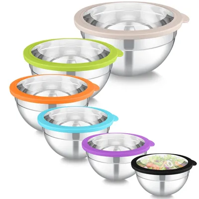 Produktbild von Homikit Mengschüsseln, 6-teiliges Set, aus Edelstahl, mit Schüssel mit transparentem Deckel zum Servieren, Kochen und Backen, Set mit Schüsseln in den Größen 4,5 l / 2,8 l / 2,5 l / 1,6 l / 1,2 l / 0,7 l, stapelbar und