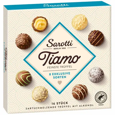 Produktbild von Open Food Tiamo Feinste Trüffel - Sarotti, e1103, e160a, e170, e170i, e322, e330, e420, e420ii, e422, Kakaomasse, kakaobutter, feuchthaltemittel: sorbitsirup, whisky, feuchthaltemittel: invertase,..., 2131 kJ, 511 kcal, 45 g, 31 g