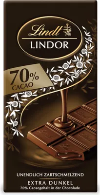 A close-up of a Lindt Lindor Extra Dark Chocolate bar packaging, showing a piece of the chocolate bar with melted chocolate pouring over it.
