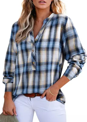 Produktbild von ASKSA Damen Bluse Kariertes V-Ausschnitt Longbluse Casual Knoepfen Langarm Flanellhemd Karohemd Oberteile (Hellblau,M)