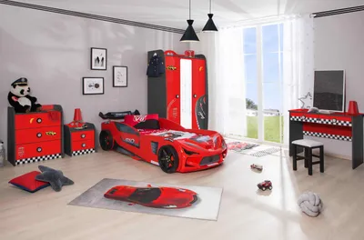 Produktbild von Kinderzimmer komplett Set Autobett Rio 5 teilig Rot , Sportsitze:ohne Sportsitze, Matratze:ohne Matratze, Bettwäsche:ohne Bettwäsche, Wandregal:ohne Wandregal