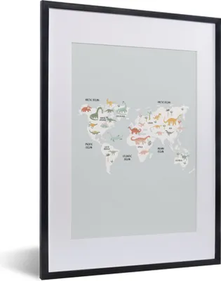 Produktbild von MuchoWow® Gerahmtes Poster Weltkarte - Kind - Dino 30x40 cm - Poster mit Schwarzem Bilderrahmen Wandposter Rahmen Foto Bilder - Wandposter Schlafzimmer