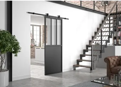 Image de OPTIMUM ATELIER Ensemble porte coulissante noire + rail visible + cache-rail - 204 x 83 cm - verre transparent