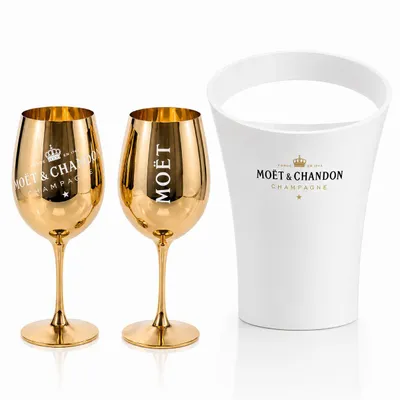 Image de Set de refroidisseur à champagne pour Moët & Chandon – Refroidisseur en acrylique blanc avec 2 verres à champagne en verre véritable dorés – Coffret de champagne de luxe