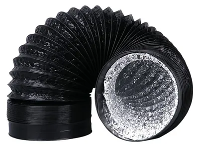 A black flexible ventilation duct with a silver interior, coiled and presented against a white background.