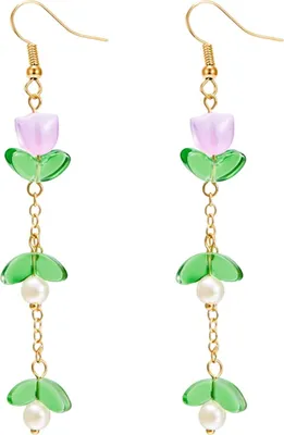 Produktbild von 1 Paar Damen-Hakenohrringe, Kunstperlen, Tulpenform, lange Quaste, Legierung, galvanisiert, Ohrschmuck für Damen, Abschlussball, Cocktailparty, baumelnde Ohrringe