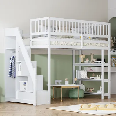 Produktbild von Flieks Etagenbett 90x200cm mit Rausfallschutz, Kinderbett Hochbett mit Treppe und Garderobe, Einzelbett Holzbett Stockbett mit Lattenrost, Weiß