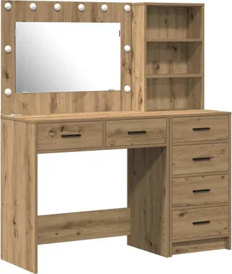 A vanity table with a mirror and shelves, made of wood-effect material.