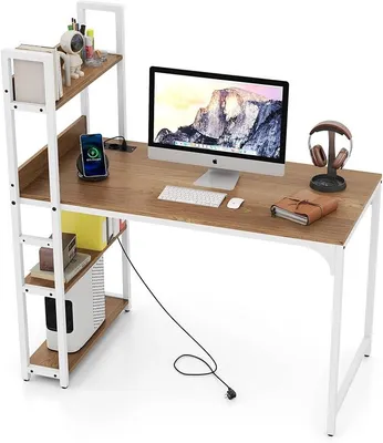 Imagen del producto de Escritorio con estación de carga, 120 x 65 cm. Mesa de ordenador con estantería abierta y estructura de metal. Escritorio de oficina de madera con puertos USB y enchufes. Mesa para ordenador, escritorio para oficina, salón (color natural)
