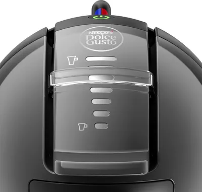 Close-up of the top part of a black coffee machine.