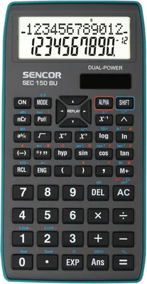 Obrázek produktu pro SENCOR SEC 150 BU Školní kalkulačka, 240 vědeckých funkcí, dvouřádkový LCD displej, výpočty se zlomky, goniometrické a hyperbolické, logaritmické a exponenciální funkce, nasouvací kryt
